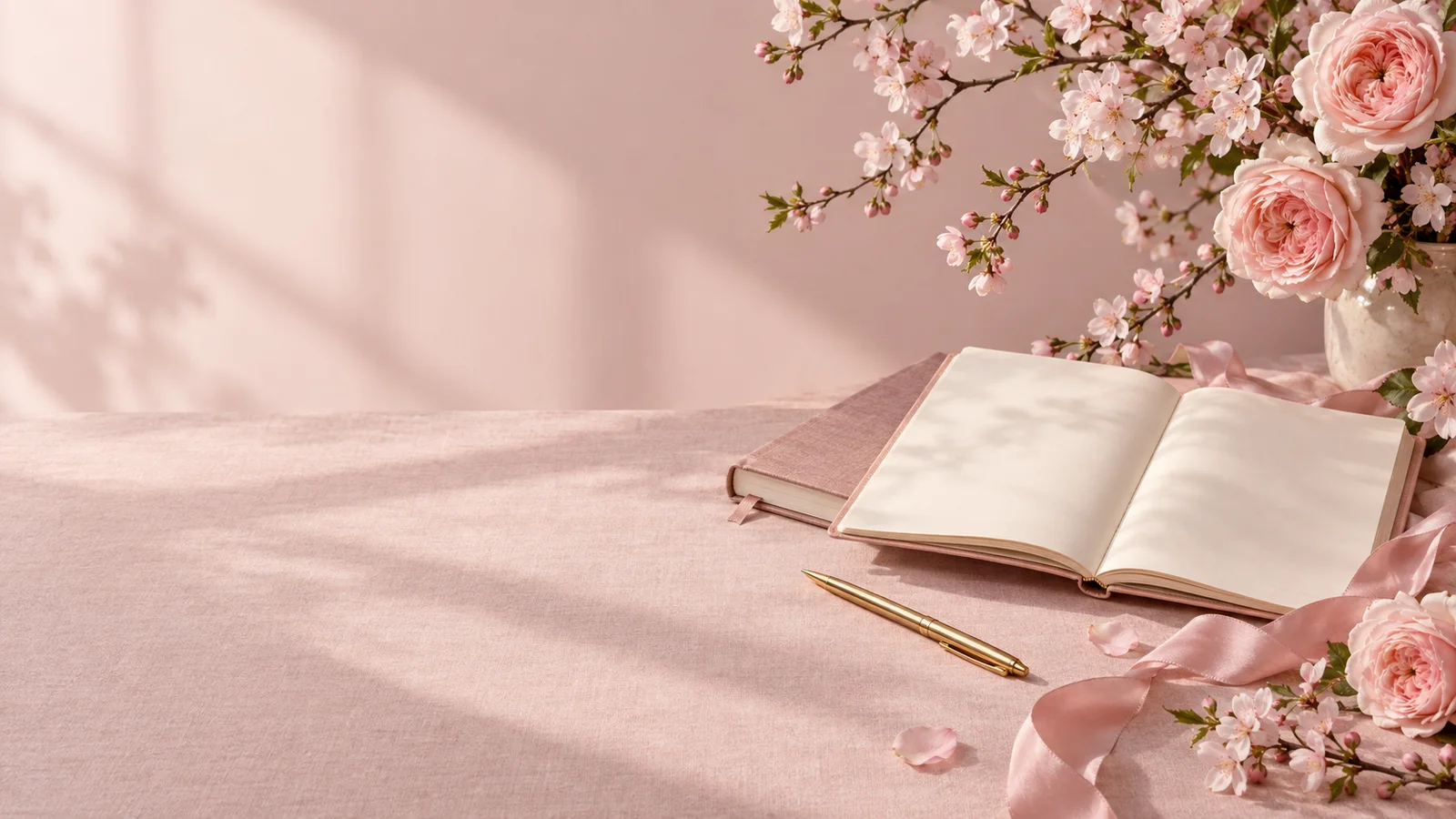 Blush roses, cherry blossoms and journals on a sunlit pink linen desk